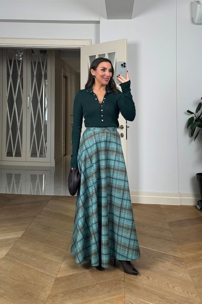 Tuba Blue Plaid Flared Maxi Skirt With High Waist Wholesale Clothing Spring