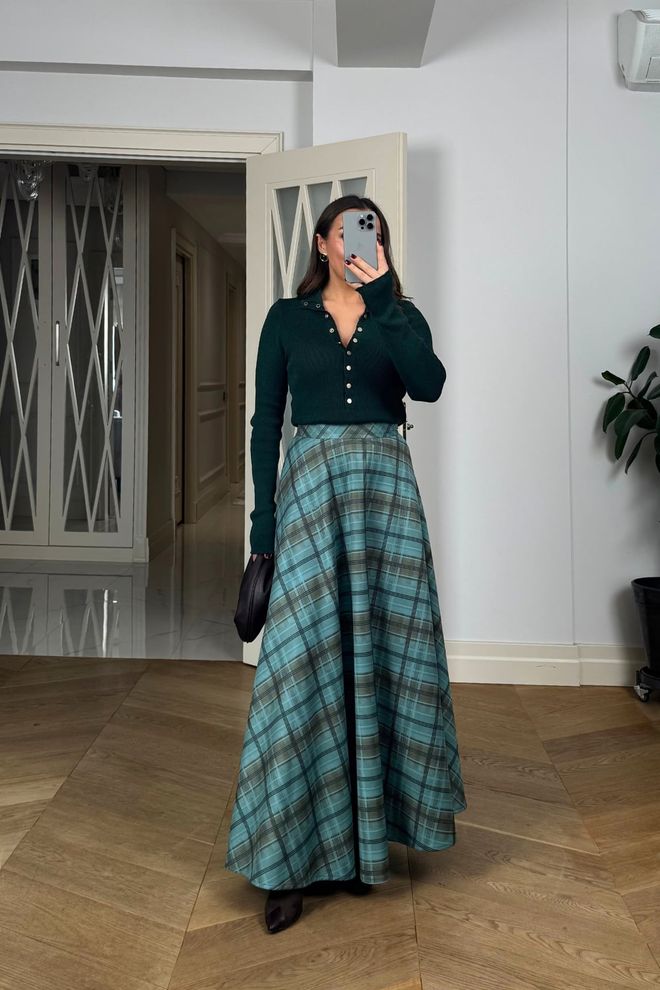 Tuba Blue Plaid Flared Maxi Skirt With High Waist Wholesale Clothing Cocktail