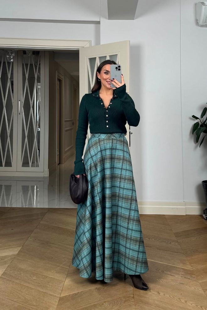 Tuba Blue Plaid Flared Maxi Skirt With High Waist Wholesale Clothing 1