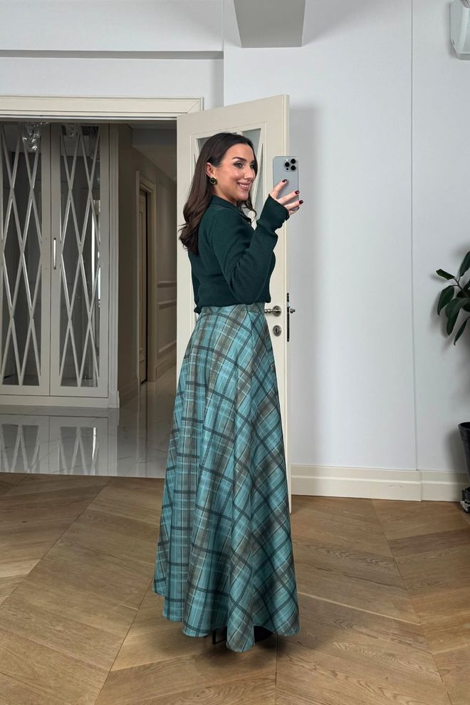 Tuba Blue Plaid Flared Maxi Skirt With High Waist Wholesale Clothing Fall