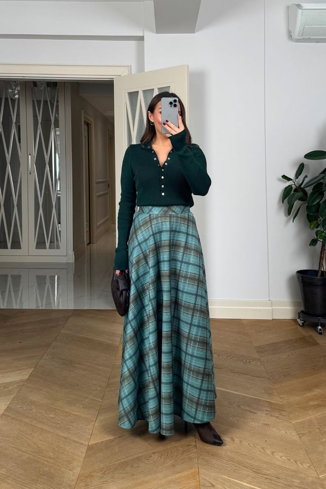 Tuba Blue Plaid Flared Maxi Skirt With High Waist Wholesale Clothing Preppy
