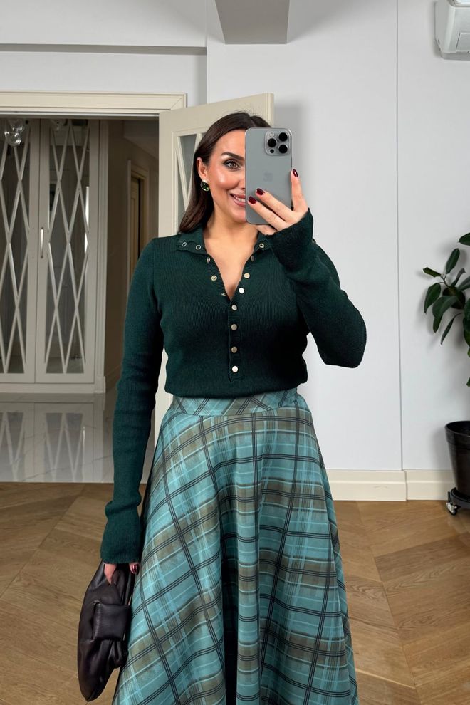 Tuba Blue Plaid Flared Maxi Skirt With High Waist Wholesale Clothing 5