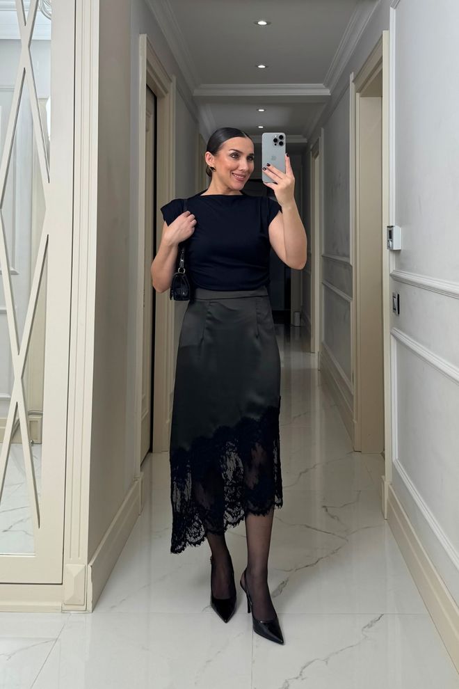 Tuba Siyah Zarif Yüksek Bel Midi Slip Etek Toptan Giyim Nostaljik