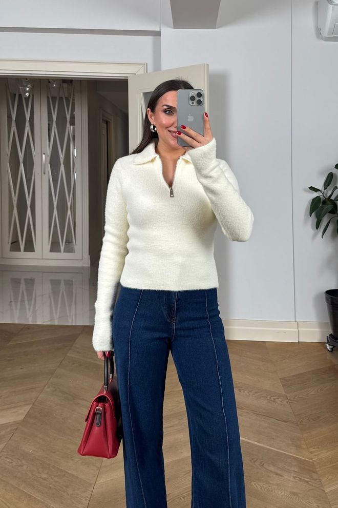 Tuba White Slim Fit Polo Neck Cardigan With Zip Up Wholesale Clothing Casual