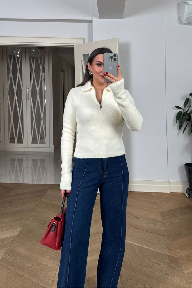 Tuba White Slim Fit Polo Neck Cardigan With Zip Up Wholesale Clothing 5