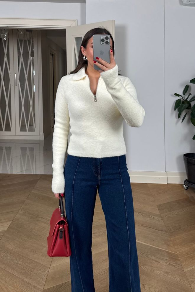 Tuba White Slim Fit Polo Neck Cardigan With Zip Up Wholesale Clothing 1