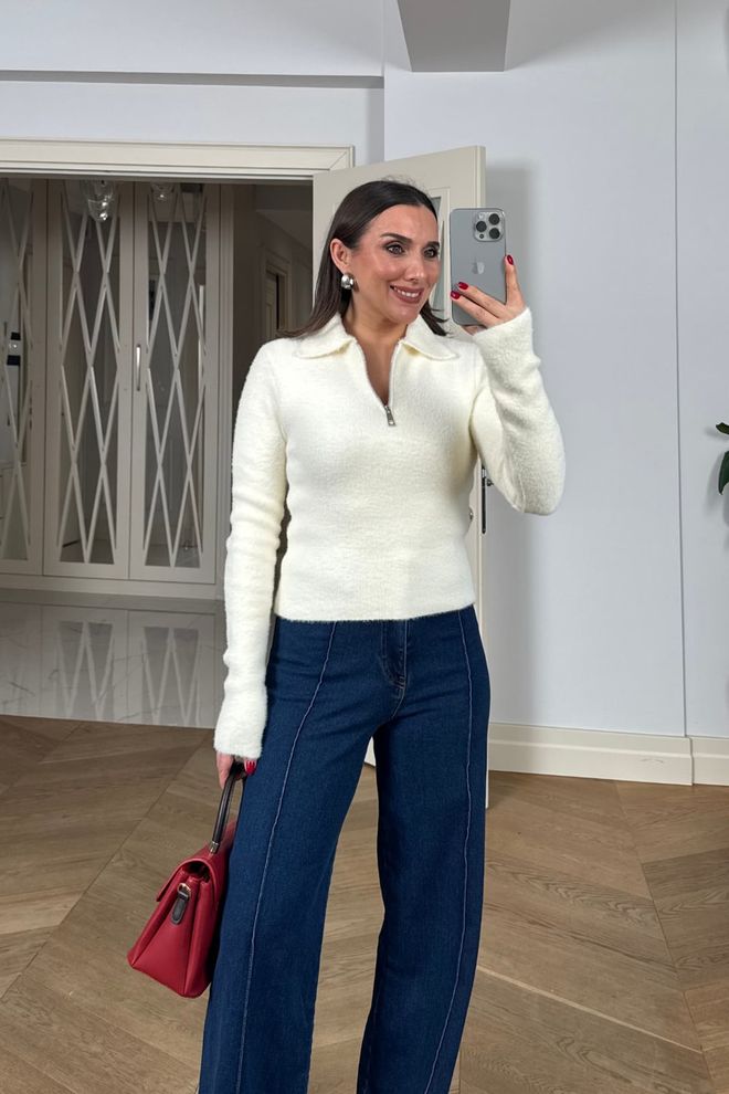 Tuba White Slim Fit Polo Neck Cardigan With Zip Up Wholesale Clothing Preppy