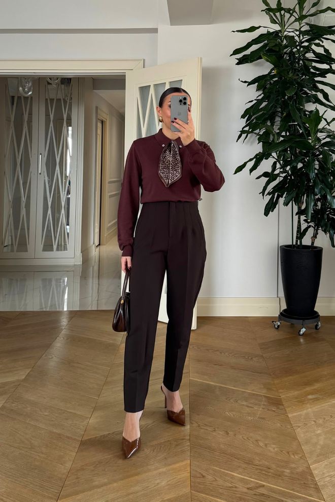 Tuba Brown Elegant High Waist Tapered Pants Wholesale Clothing Work