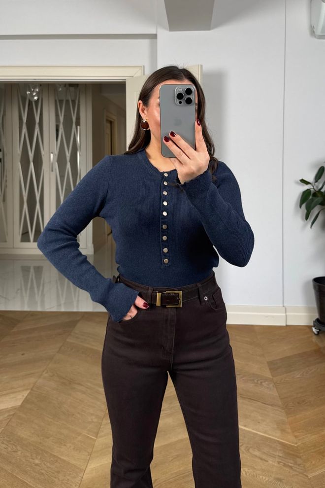 Tuba Navy Blue Cardigan Slim Fit Buttoned Wholesale Clothing Elegant