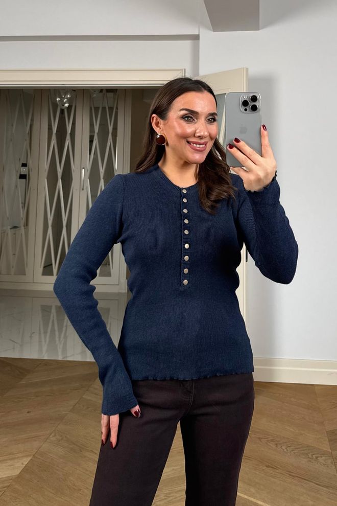 Tuba Navy Blue Cardigan Slim Fit Buttoned Wholesale Clothing Spring