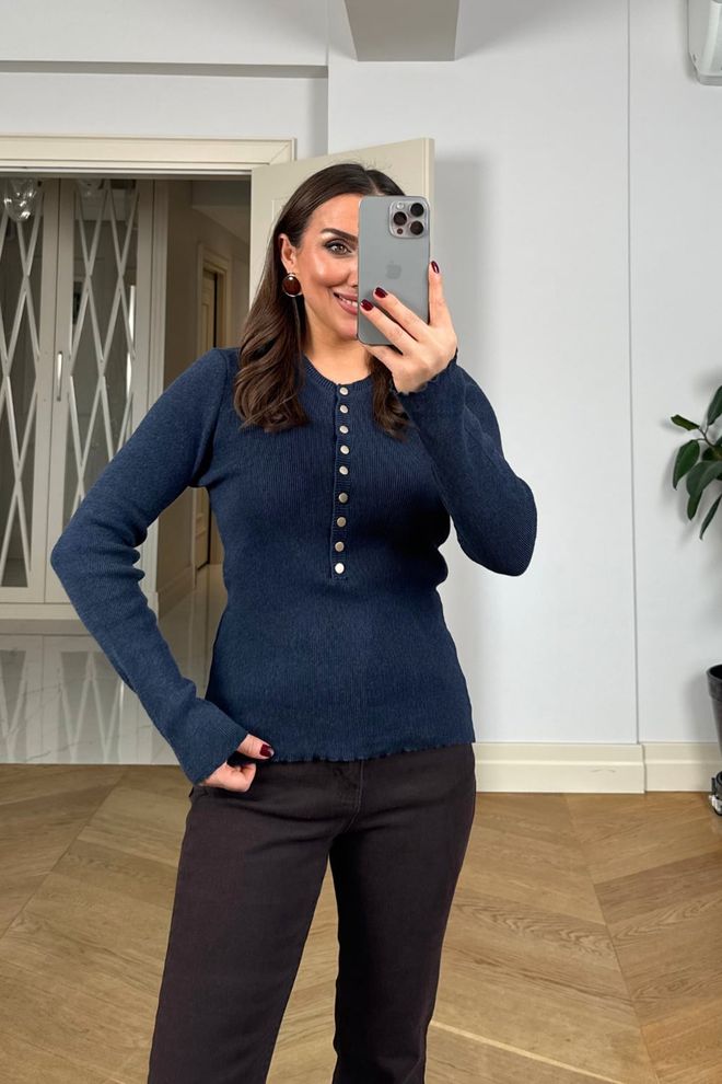 Tuba Navy Blue Cardigan Slim Fit Buttoned Wholesale Clothing 1