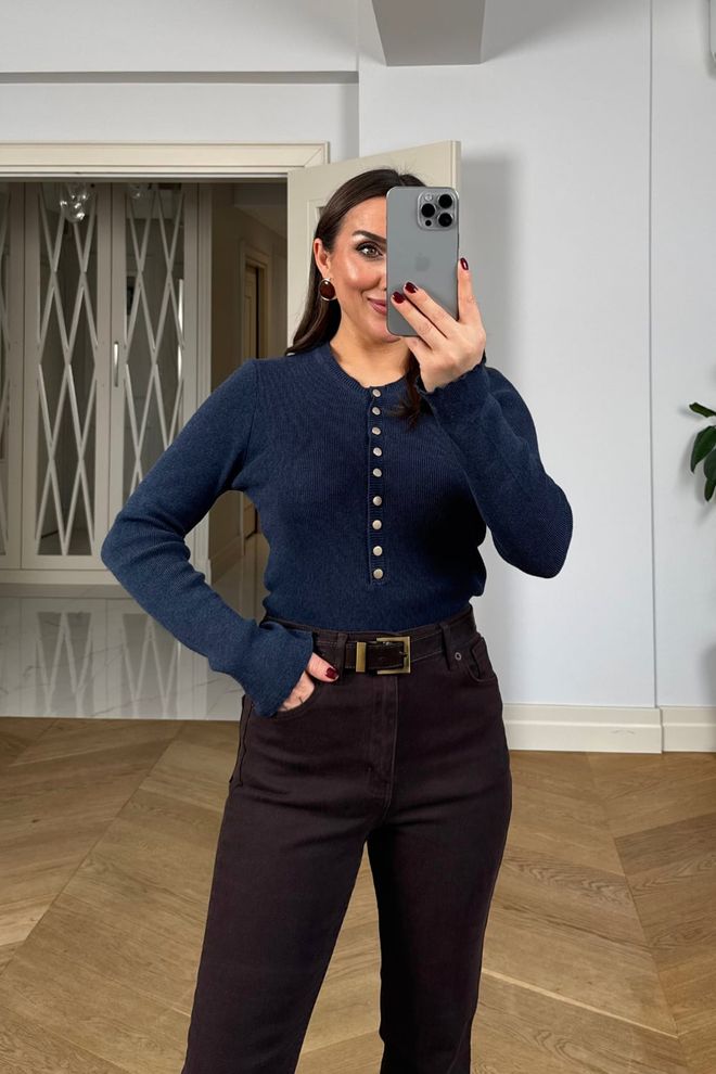 Tuba Navy Blue Cardigan Slim Fit Buttoned Wholesale Clothing 5