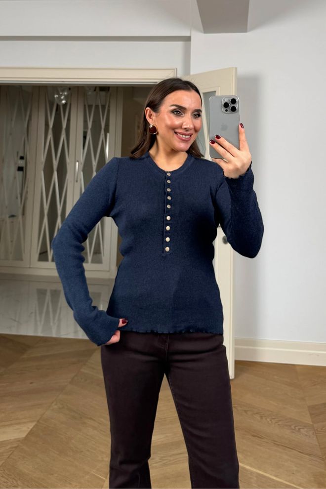 Tuba Navy Blue Cardigan Slim Fit Buttoned Wholesale Clothing Lounge