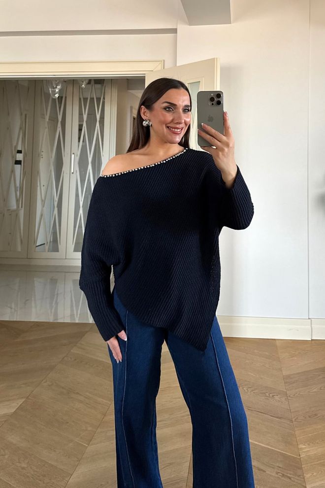 Tuba Rebeca Azul Marino Sobredimensionado Frente Abierto Ropa al por mayor Casual