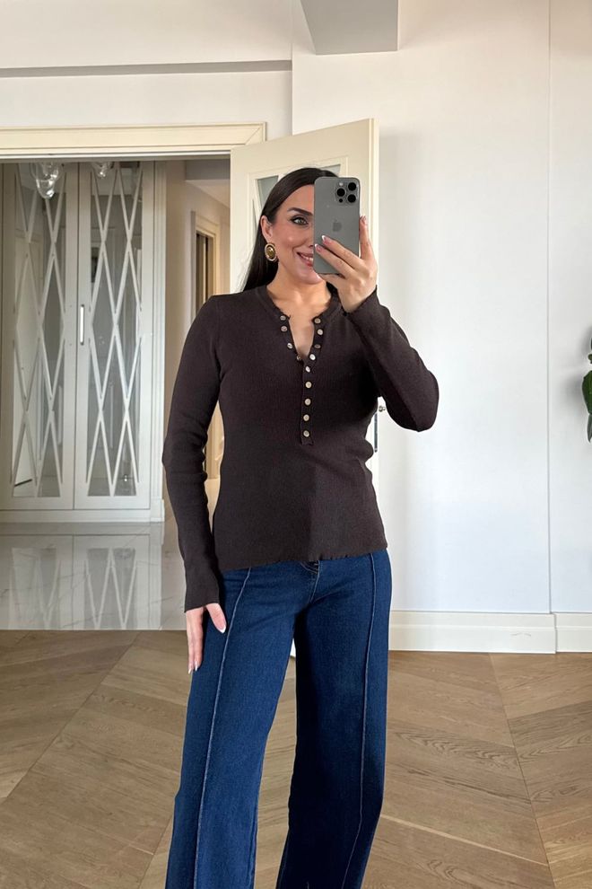 Tuba Brown Casual Elegant Sweater With Grandad Neck Wholesale Clothing 1