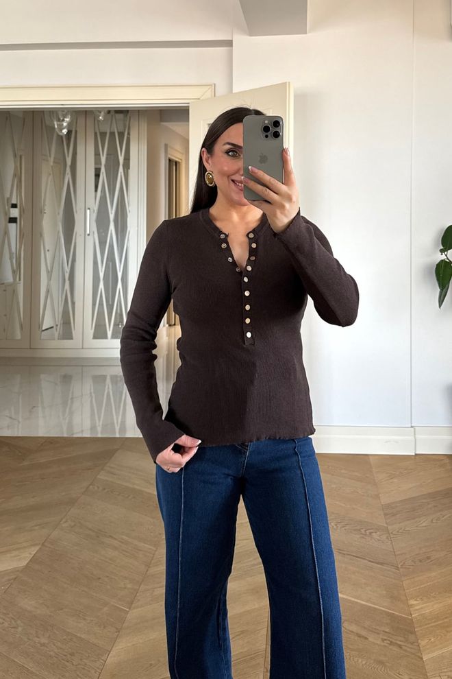 Tuba Brown Casual Elegant Sweater With Grandad Neck Wholesale Clothing Lounge