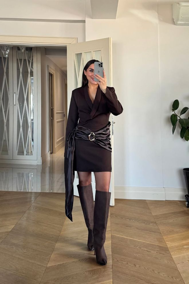 Tuba Elegant Brown Blazer Mini Dress With Plunging Neck Wholesale Clothing Sexy