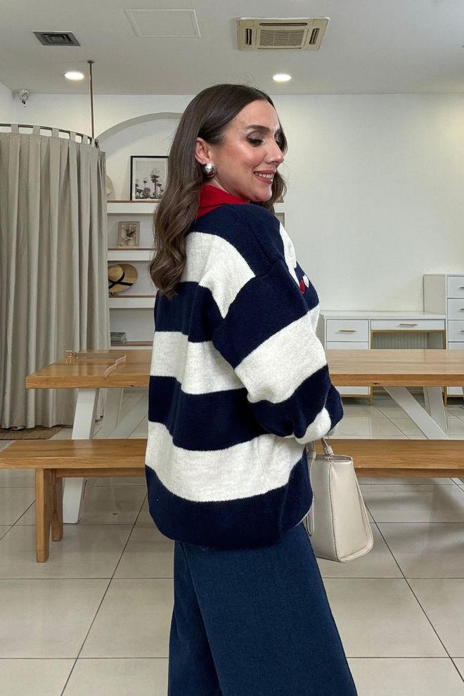 Tuba Navy Blue Casual Oversized Fit Cardigan Wholesale Clothing Lounge