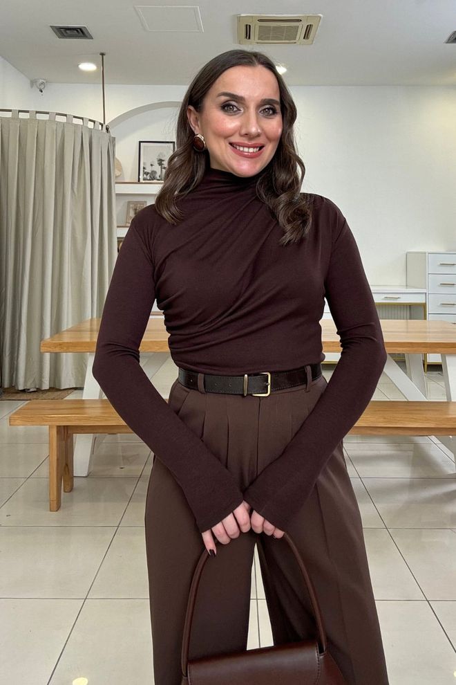 Tuba Brown Blouse Elegant Modest Slim Fit For Fall Winter Wholesale Clothing Work