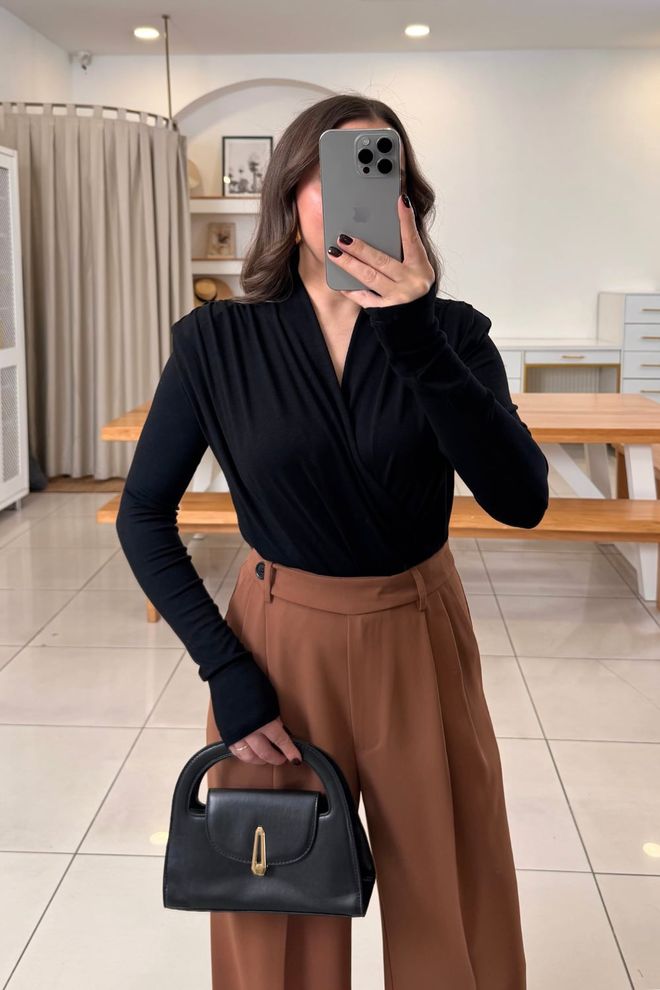 Tuba Μαύρη Κομψή Επίσημη Στενή Μπλούζα Με V Ντεκολτέ Χονδρικό εμπόριο ενδυμάτων 1