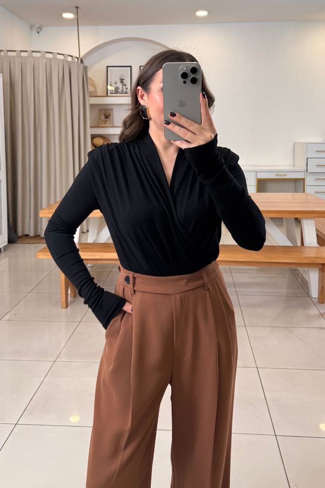 Tuba Μαύρη Κομψή Επίσημη Στενή Μπλούζα Με V Ντεκολτέ Χονδρικό εμπόριο ενδυμάτων 5