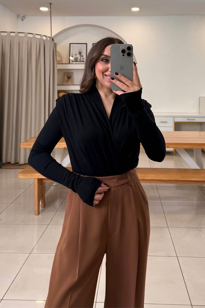 Tuba Μαύρη Κομψή Επίσημη Στενή Μπλούζα Με V Ντεκολτέ Χονδρικό εμπόριο ενδυμάτων Χριστούγεννα