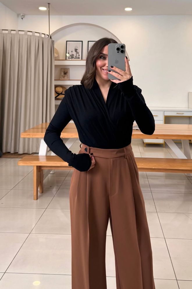 Tuba Μαύρη Κομψή Επίσημη Στενή Μπλούζα Με V Ντεκολτέ Χονδρικό εμπόριο ενδυμάτων Φθινόπωρο