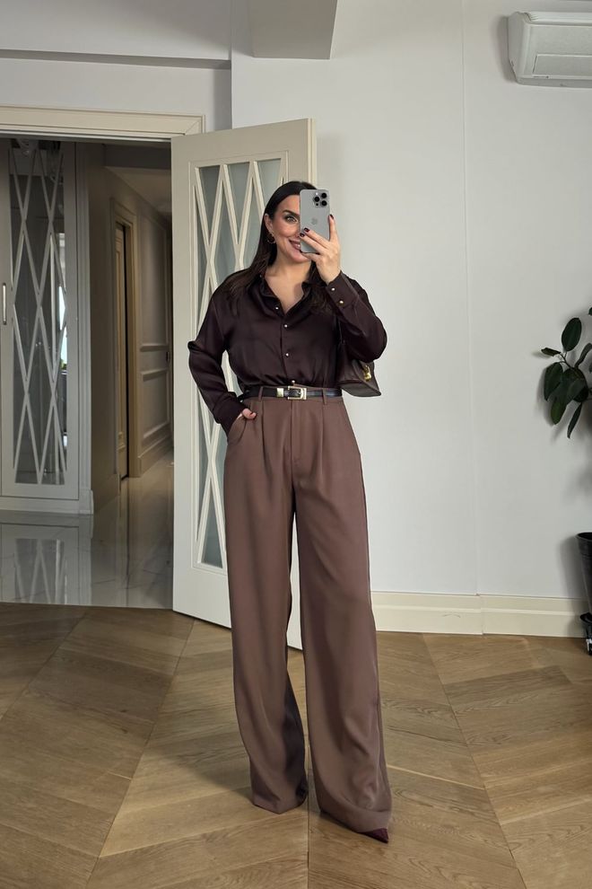 Tuba Brown Palazzo Pants With High Waist And Wide Leg Wholesale Clothing Formal