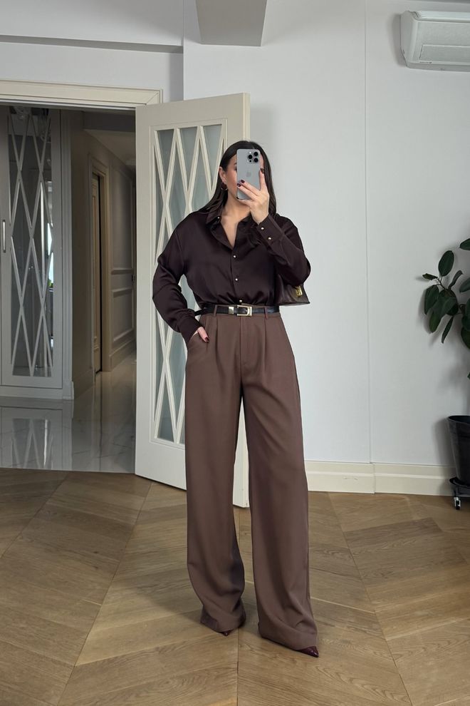 Tuba Brown Palazzo Pants With High Waist And Wide Leg Wholesale Clothing 1