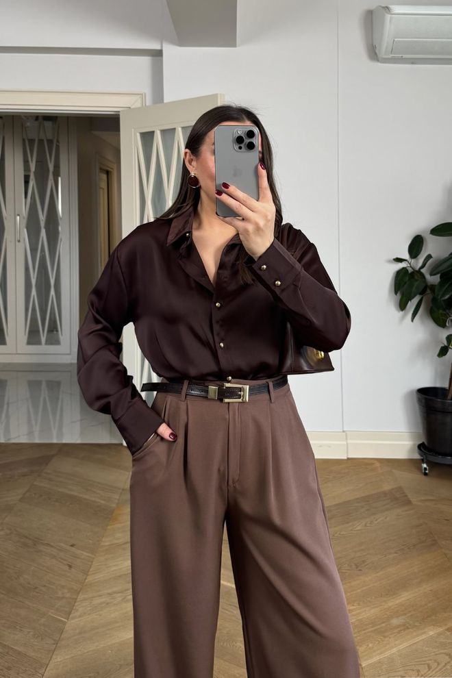 Tuba Brown Palazzo Pants With High Waist And Wide Leg Wholesale Clothing Spring