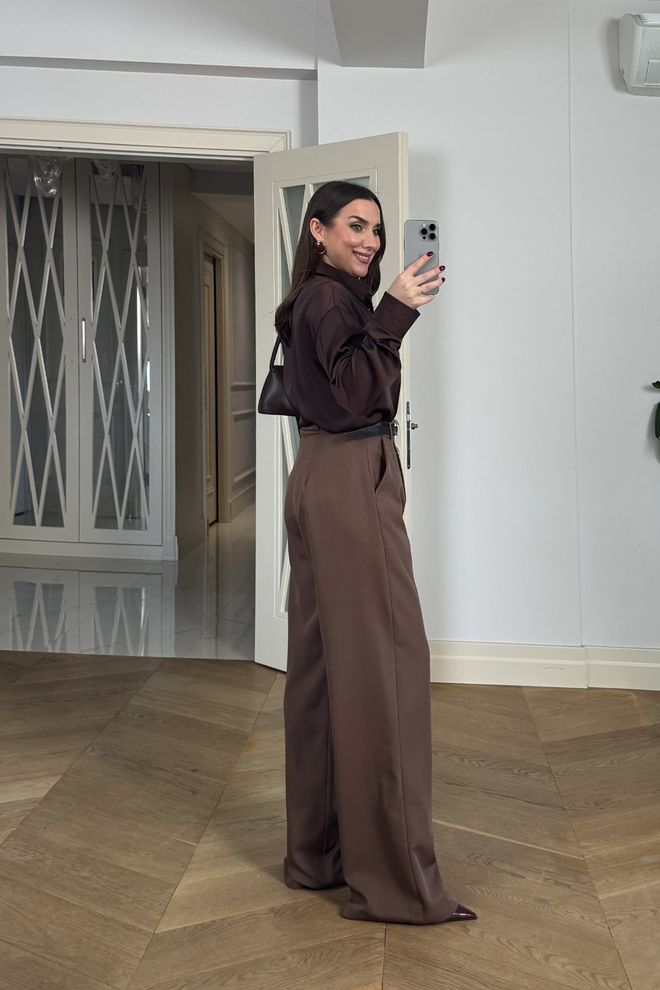 Tuba Brown Palazzo Pants With High Waist And Wide Leg Wholesale Clothing Elegant