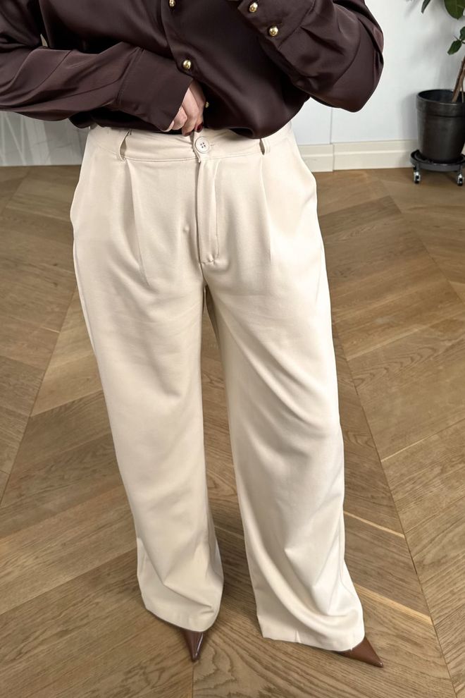 Tuba Beige Pants With Wide Leg And Buttoned Closure Wholesale Clothing 1