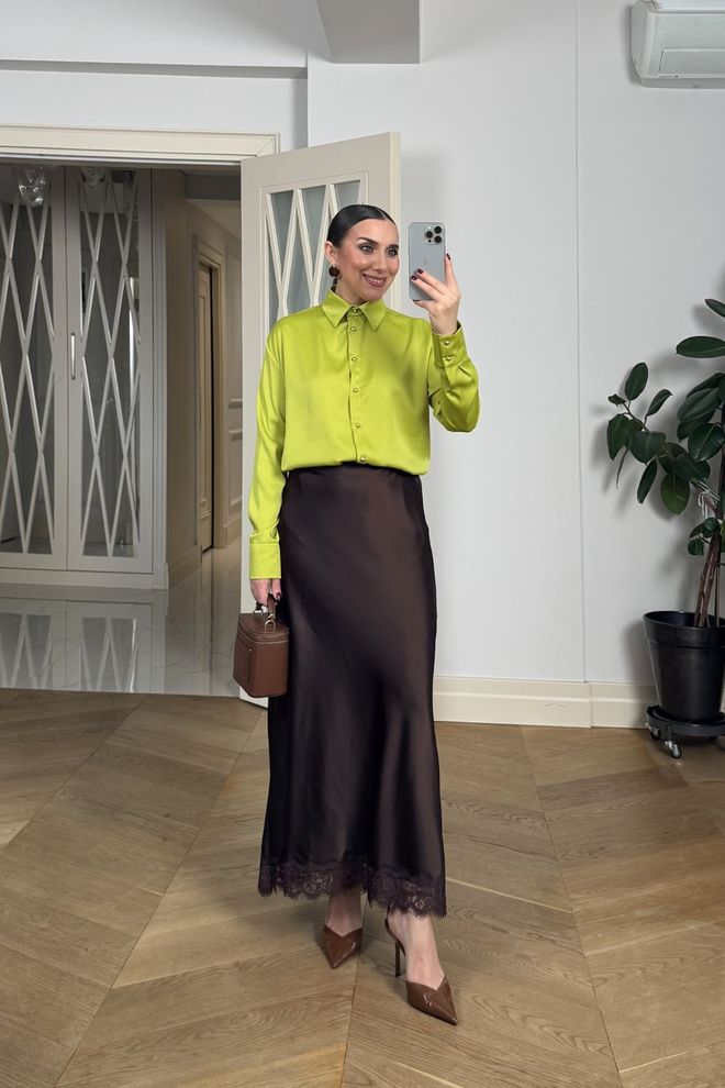 Tuba Elegant Brown Maxi Slip Skirt With High Waist Wholesale Clothing Modest