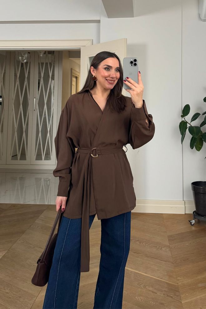 Tuba Brown Shirt With Tie Closure Long Sleeve Wholesale Clothing Casual