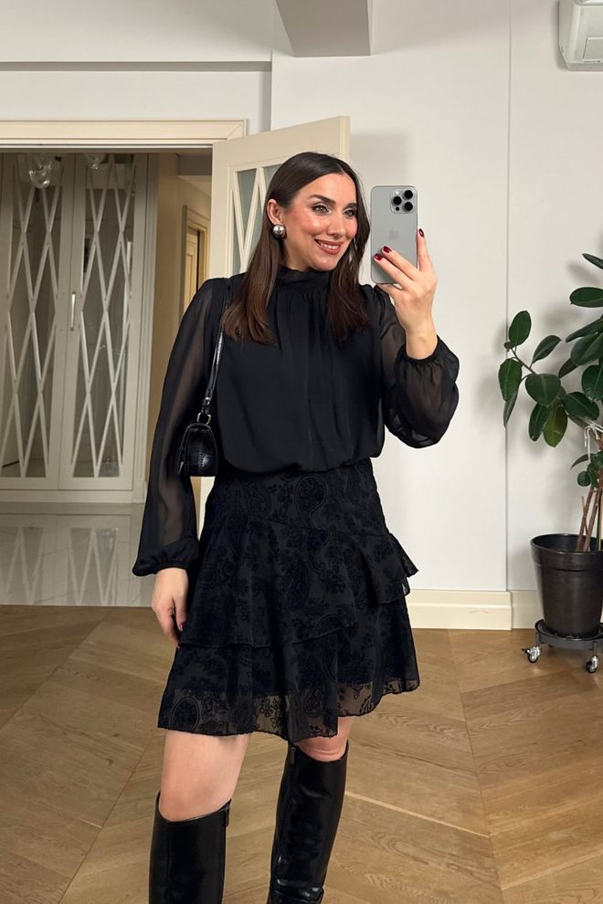 Tuba Elegant Black A Line Mini Dress With Paisley Pattern Wholesale Clothing Modest