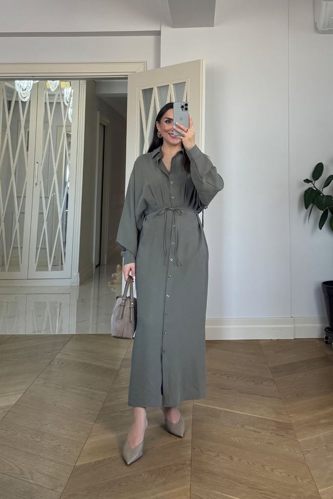 Tuba Kaki Maxi Košeľové Šaty S Ohnutým Golierom A Dlhým Rukávom Veľkoobchod s oblečením Skromný