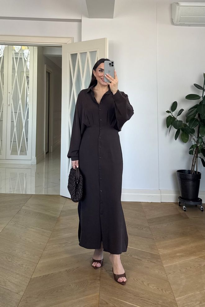 Tuba Brown Elegant Floor Length Shirt Dress Wholesale Clothing Modest