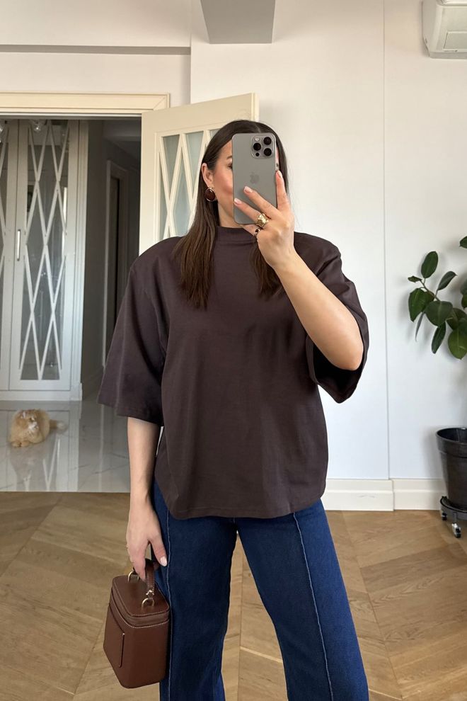 Tuba Kahverengi Gündelik Tesettür Tişört Balıkçı Yaka İle Toptan Giyim Tesettür