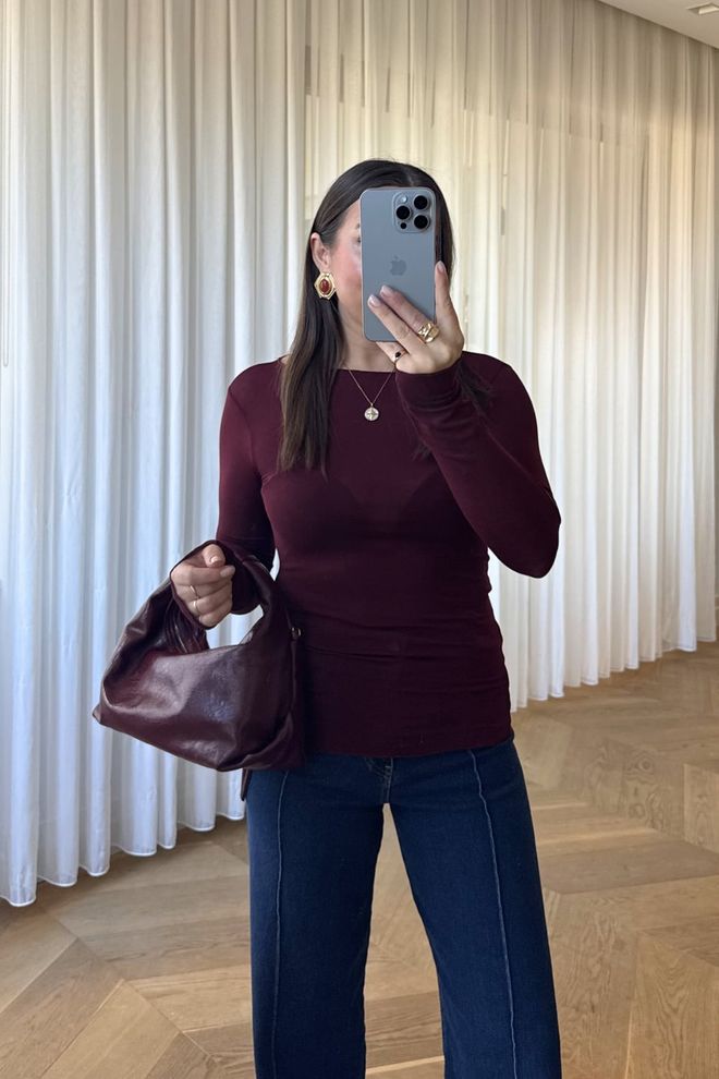 Tuba Bordeauxrot Pullover Tailliert Bootsausschnitt Langarm Großhandelskleidung Lässig