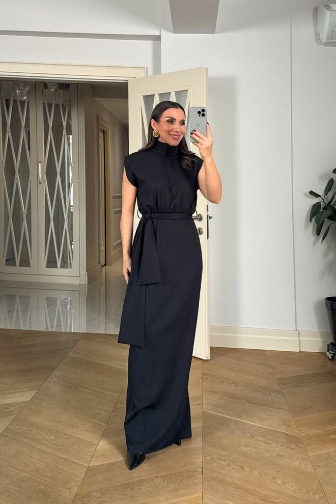 Tuba Black Elegant Maxi Turtle Neck Sheath Dress Wholesale Clothing Modest