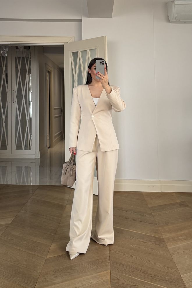 Tuba Beige Slim Fit Single Breasted Blazer Jacket Wholesale Clothing Formal