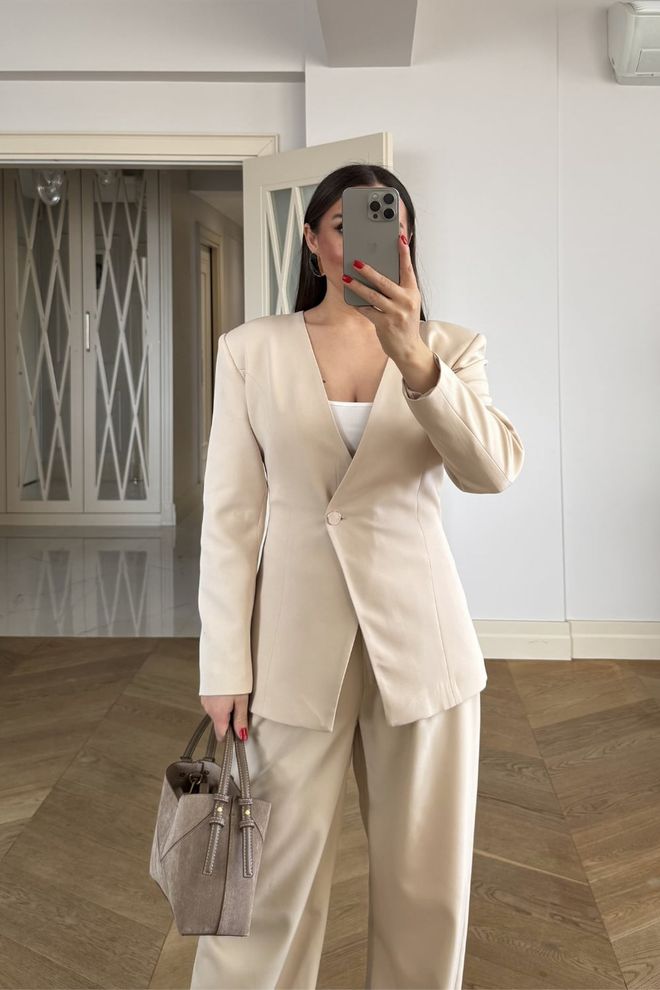 Tuba Beige Slim Fit Single Breasted Blazer Jacket Wholesale Clothing 1