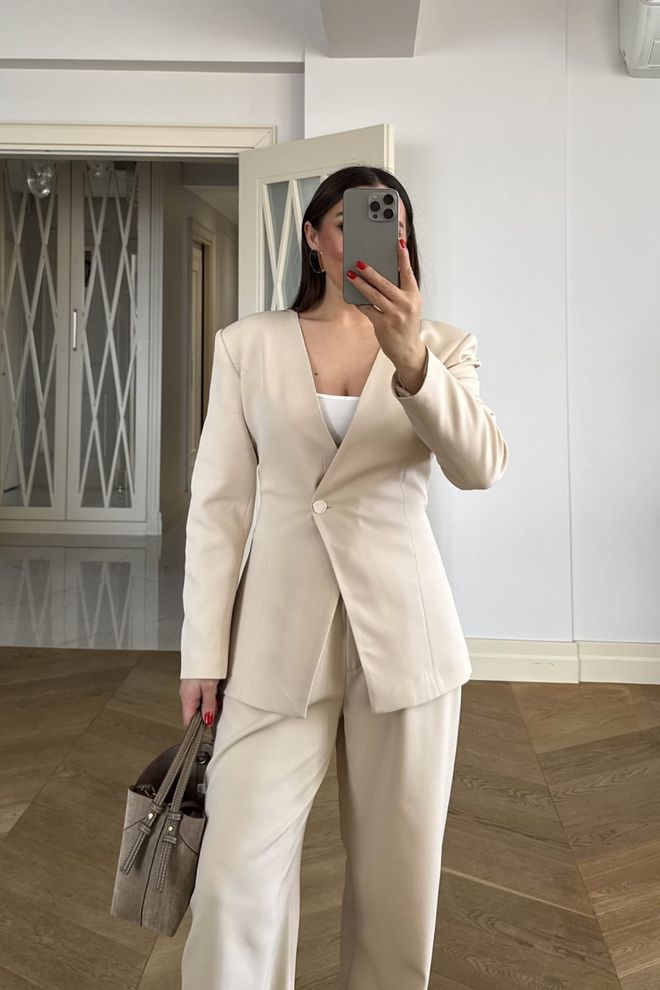 Tuba Beige Slim Fit Single Breasted Blazer Jacket Wholesale Clothing Spring