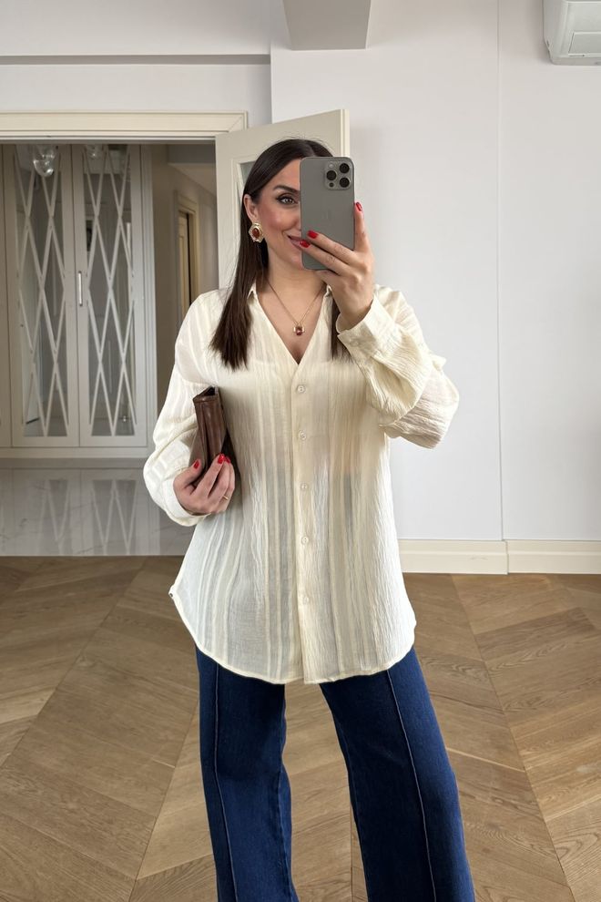 Tuba Beige Striped Shirt With V Neck And Buttoned Closure Wholesale Clothing Formal