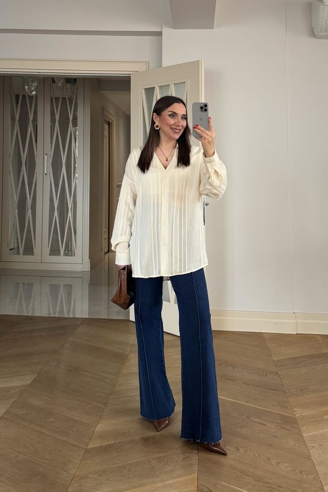 Tuba Beige Striped Shirt With V Neck And Buttoned Closure Wholesale Clothing Work