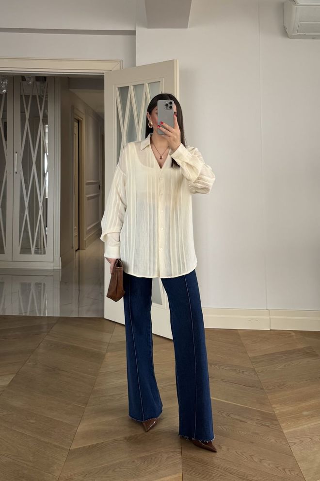 Tuba Beige Striped Shirt With V Neck And Buttoned Closure Wholesale Clothing 1