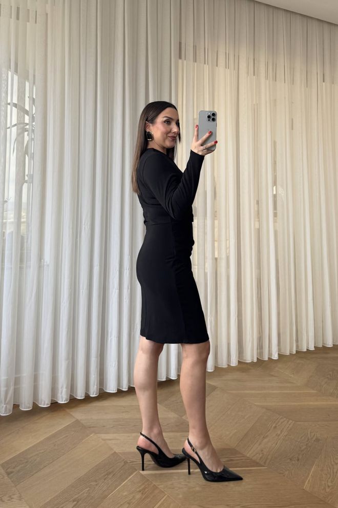 Tuba Black Wrap Dress With V Neck And Long Sleeves Wholesale Clothing Cocktail