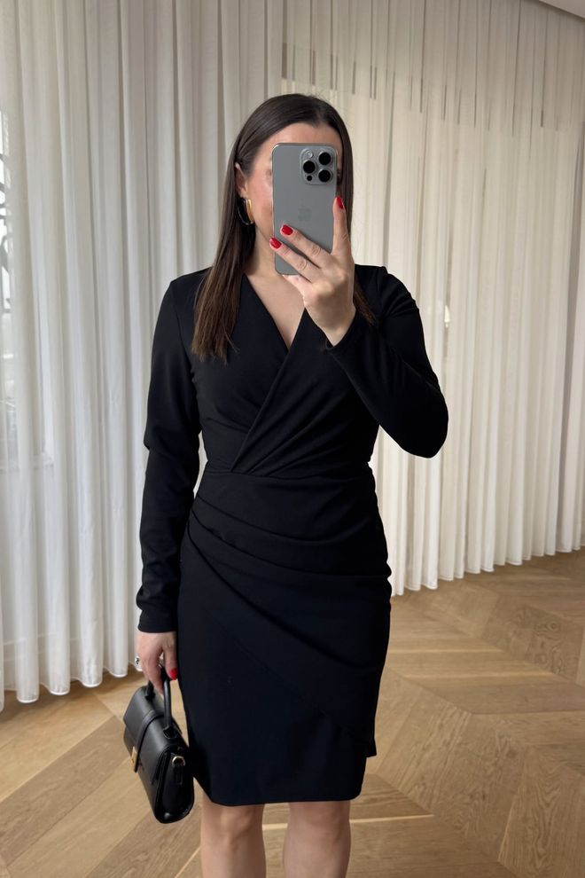 Tuba Black Wrap Dress With V Neck And Long Sleeves Wholesale Clothing Spring