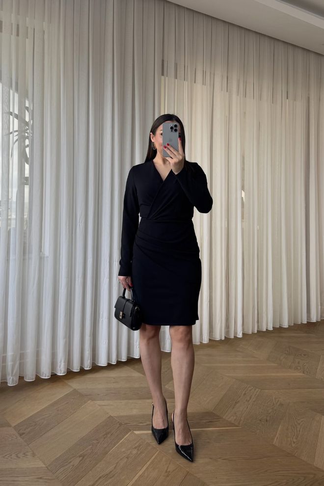 Tuba Black Wrap Dress With V Neck And Long Sleeves Wholesale Clothing 5