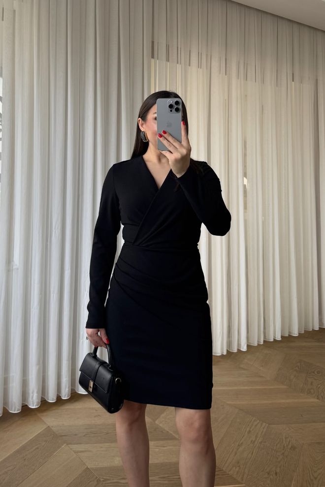Tuba Black Wrap Dress With V Neck And Long Sleeves Wholesale Clothing Work